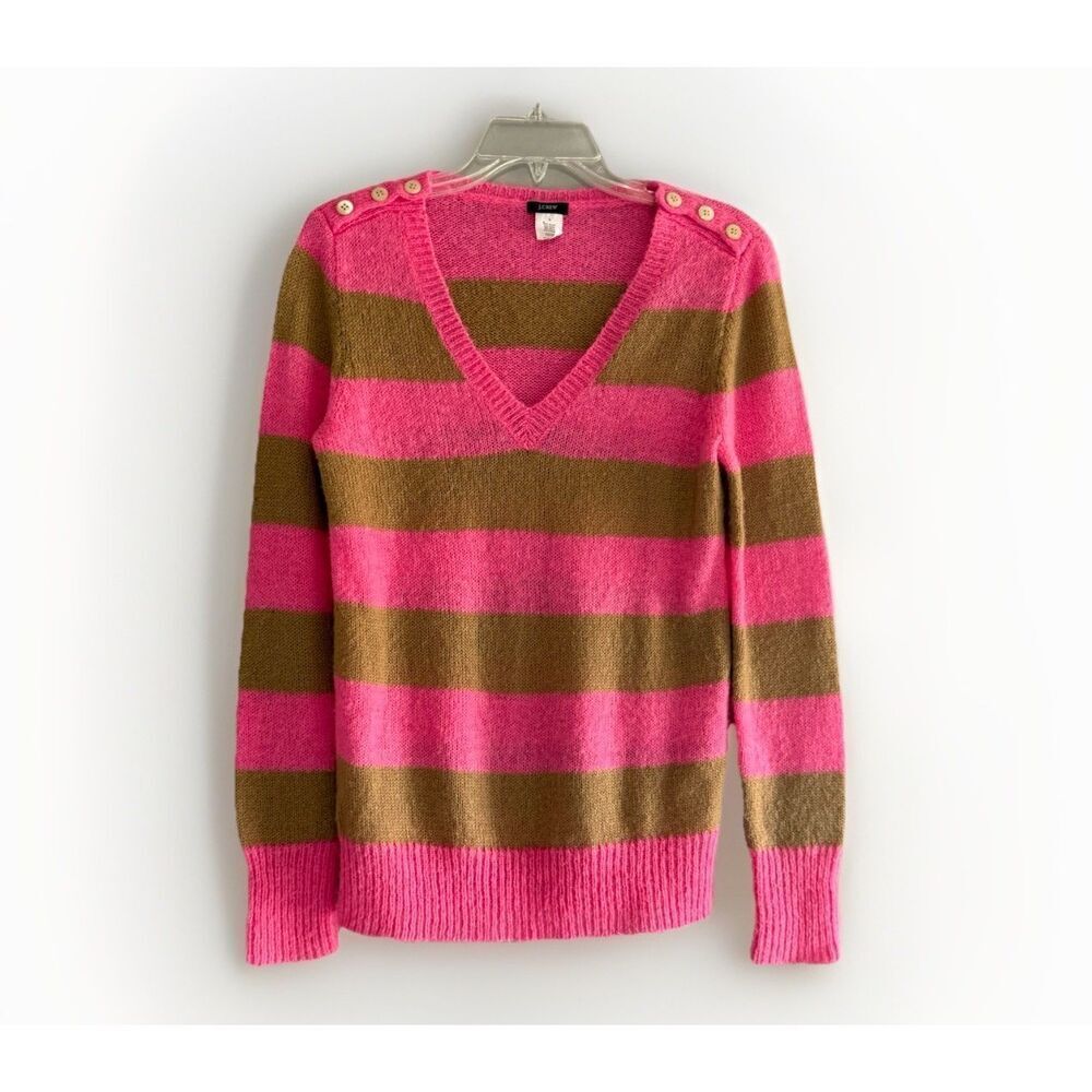 J Crew Y2K Sweater V Neck Mohair Wool Blend Pink Stripe Button Preppy Academia S